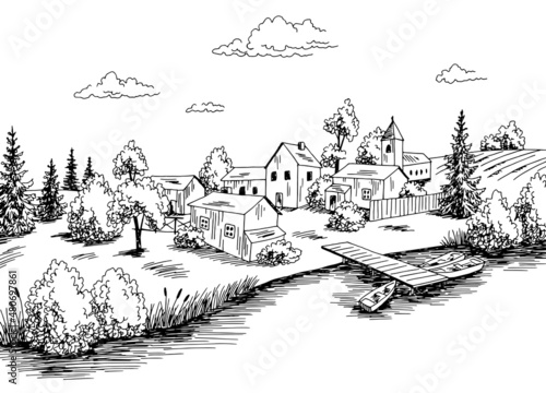 Village river graphic black white rural landscape sketch illustration vector