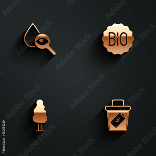 Set Drop and magnifying glass, Banner for bio, Tree and Trash can icon with long shadow. Vector