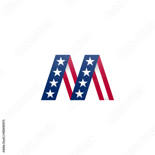 The star-spangled logotype. Letter M in colors of USA flag.