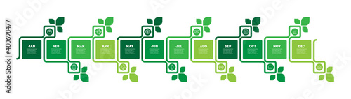 Green agenda. Annual step-by-step plan for overcoming the crisis. Global warming. Infographics or timeline with 12 parts. © Boris Znaev