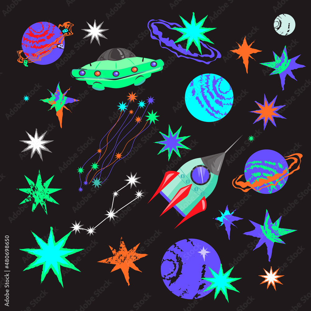 Fototapeta premium Space icons set with alien spaceship and rocket, planets and stars, cartoon flat vector illustration isolated on black background. Space and galaxy items bundle.