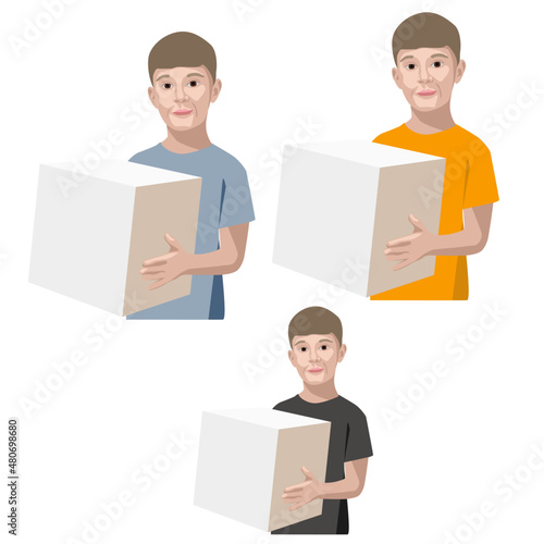 Boy standing tors  in grey orange black T-short with white box in his hands 