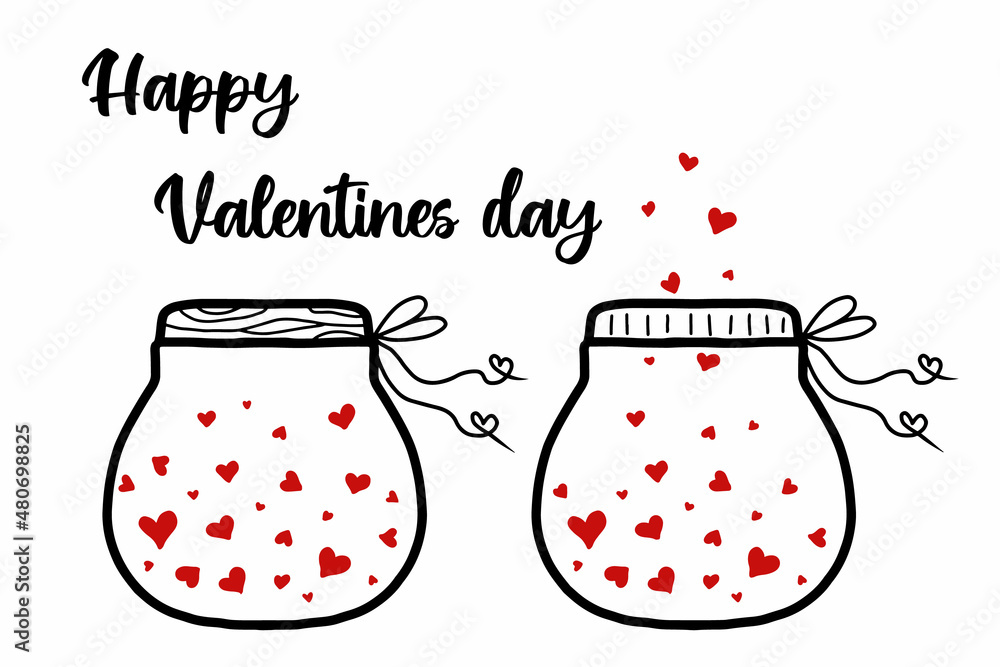 Vector greeting card happy valentine's day. Illustration of glass jar with hearts in doodle style. Minimalistic postcard for valentine's day.