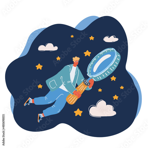 Cartoon vector illustration of Search for the cause of the accident. Magnifying glass is looking at the hand holds