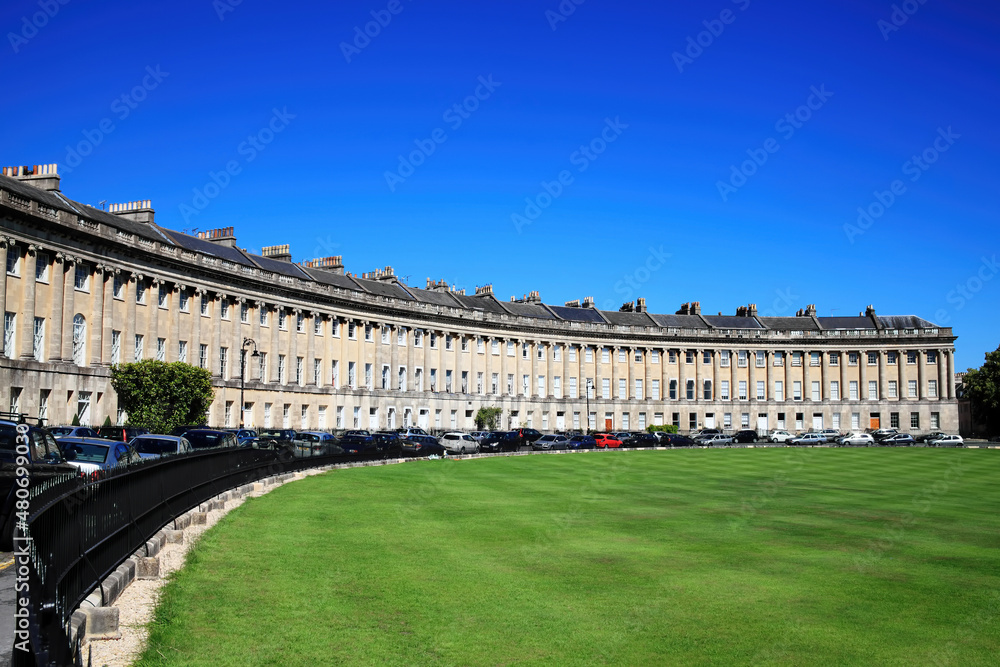 The Royal Crescent Georgian terraced houses in Bath Somerset England UK built between 1767 and 75 which are a popular travel destination tourist landmark attraction, stock photo image