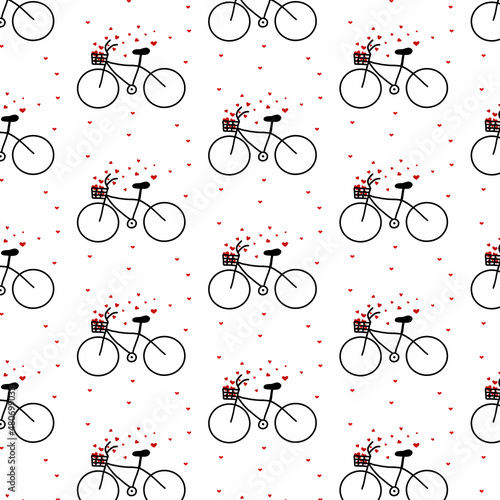 Vector seamless pattern with a bicycle and a basket of hearts. Cute pattern for valentine's day. Doodle style. Minimalistic pattern.