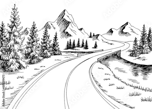 Mountain bridge river graphic black white landscape sketch illustration vector 