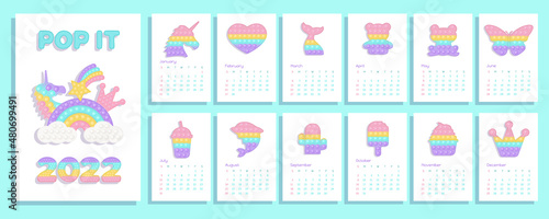 Pop it pastel calendar 2022 with fidget toys figures. Vector illustration in popit style as fashionable silicone toy for fidgets. Printable wall vertical calendar with kids illustrations.