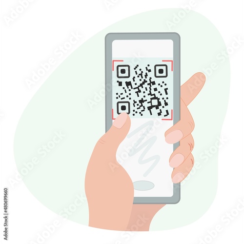 A hand holds a phone with a qr code on the screen. Scan code over the phone. Sticker Qr. Vector flat isolated illustration.