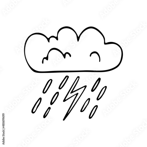 The weather is stormy cloudy with rain and lightning. Vector doodle cloud. Hand drawn meteorological forecast symbols. Cold storm season. Thin line web design icon.