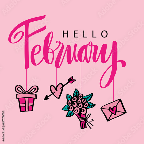 Hello February hand lettering. Greeting card