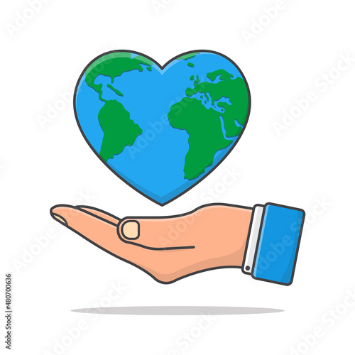 Hand Holds Love Earth Vector Icon Illustration. Earth Day Flat Icon. Save Earth