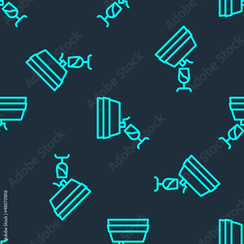 Green line Wine tasting, degustation icon isolated seamless pattern on blue background. Wooden barrel for wine with glass. Vector