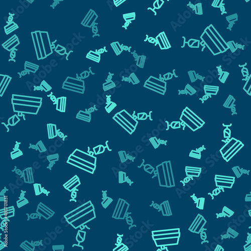 Green line Wine tasting, degustation icon isolated seamless pattern on blue background. Wooden barrel for wine with glass. Vector