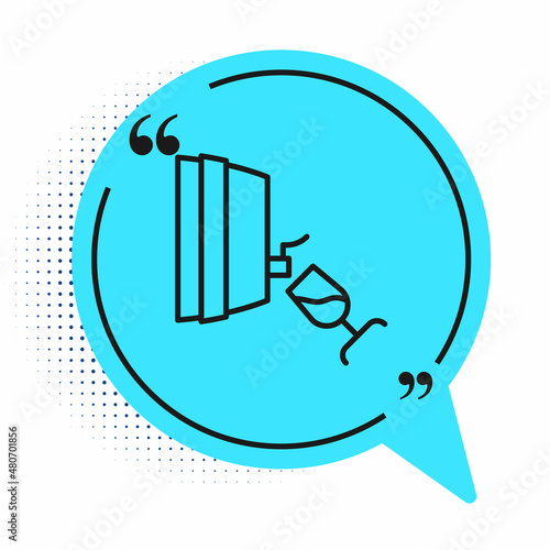 Black line Wine tasting, degustation icon isolated on white background. Wooden barrel for wine with glass. Blue speech bubble symbol. Vector