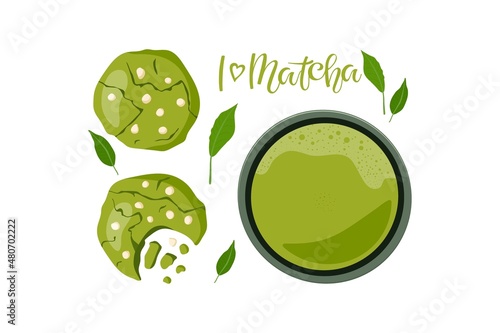 I love Matcha handwritten calligraphy lettering, Green Tea Bowl with Traditional japanese beverage, green cookies. Matcha Green Tea. Handmade healthy food and drink. Flat vector illustration isolated.