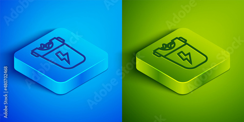 Isometric line Police electric shocker icon isolated on blue and green background. Shocker for protection. Taser is an electric weapon. Square button. Vector