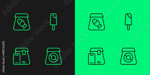 Set line Online ordering food, fish and Ice cream icon. Vector