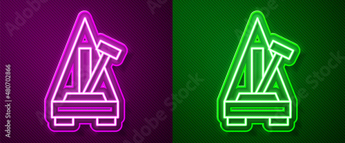 Glowing neon line Classic Metronome with pendulum in motion icon isolated on purple and green background. Equipment of music and beat mechanism. Vector