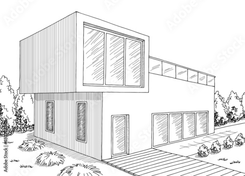 House exterior graphic black white sketch illustration vector 