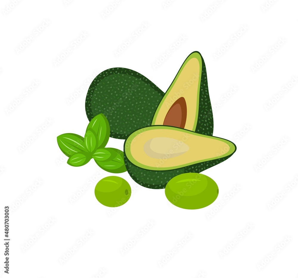Avocado slices with olives and basil branch. Avocado slices with olives and basil branch.