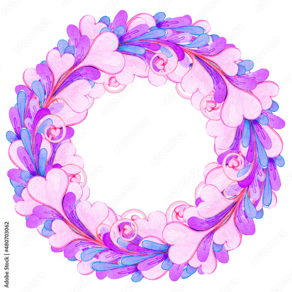 Wreath, foliage and hearts with place for text. Hand drawn watercolor painting. Purple pink ethnic round border. Isolated illustration on a white background.