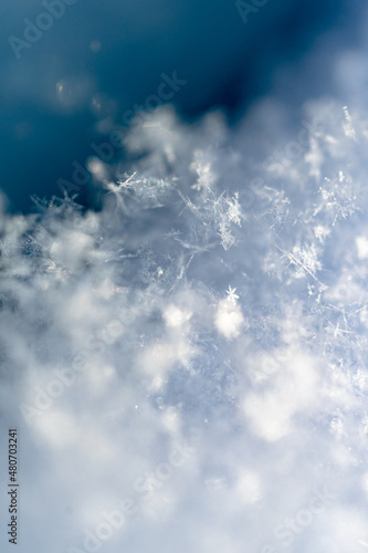 Many little snowflakes on a blue background, snowy winter, close up, vertical orientation