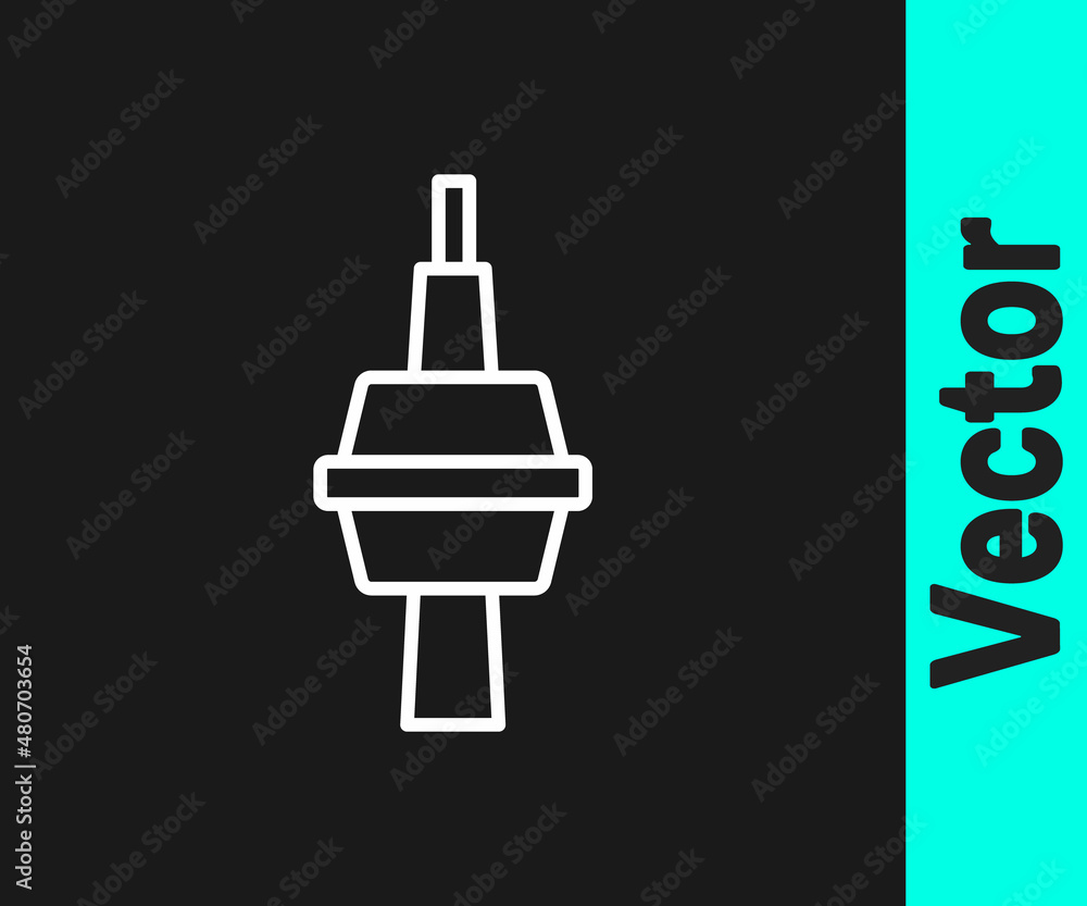 Fototapeta premium White line TV CN Tower in Toronto icon isolated on black background. Famous world landmarks icon concept. Tourism and vacation theme. Vector