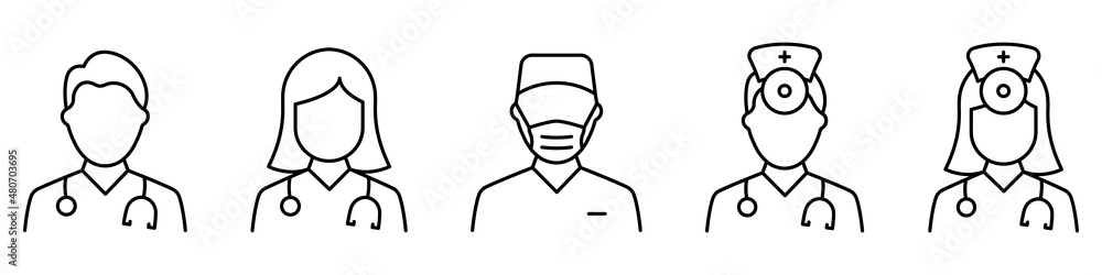 Hospital Healthcare Staff Line Icon. Male and Female Professional Doctors Outline Pictogram. Nurse, Otolaryngologist, Surgeon icon. Isolated Vector Illustration Hospital Healthcare Staff Line Icon. Male and Female Professional Doctors Outline Pictogram. Nurse, Otolaryngologist, Surgeon icon. Isolated Vector Illustration