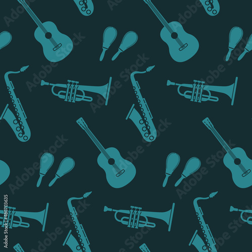 Seamless pattern with musical instruments in the color of turkiz. Color vector illustration for fabrics, backgrounds, paper.