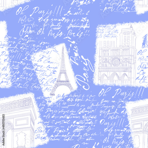 Seamless pattern with the sights of Paris in very peri color. The Eiffel Tower, Notre Dame de Paris, the Arc de Triomphe in the engraved style with handwritten text.