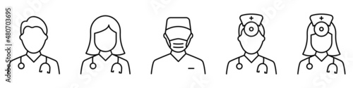 Hospital Healthcare Staff Line Icon. Male and Female Professional Doctors Outline Pictogram. Nurse, Otolaryngologist, Surgeon icon. Isolated Vector Illustration