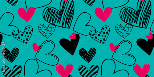 Seamless pattern with hand drawn doodle hearts. Valentine's day pop art in bright trendy retro colors. Love concept. Fashionable valentine's day background. Vector illustration