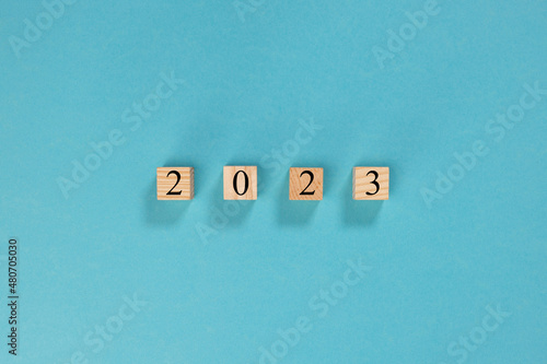 2023 year on wooden blocks on light blue background 