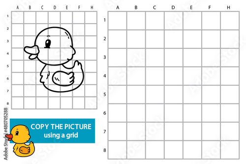 Vector illustration of grid copy picture educational puzzle game with doodle rubber duck