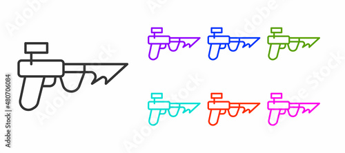 Black line Fishing harpoon icon isolated on white background. Fishery manufacturers for catching fish under water. Diving underwater equipment. Set icons colorful. Vector