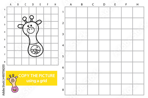 Vector illustration of grid copy picture educational puzzle game with doodle giraffe rattle