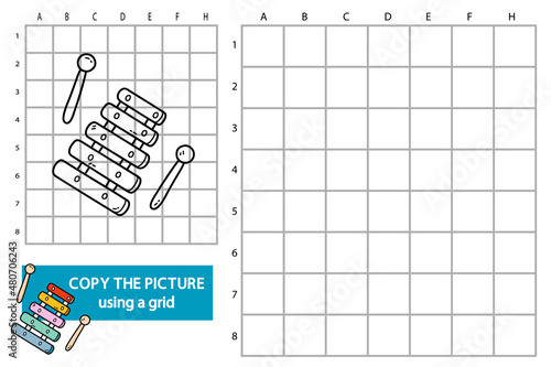 Vector illustration of grid copy picture educational puzzle game with doodle xylophone