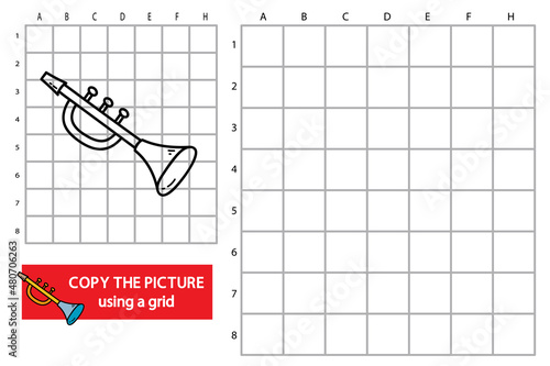 Vector illustration of grid copy picture educational puzzle game with doodle trumpet 