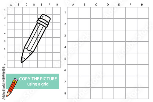 Vector illustration of grid copy picture educational puzzle game with doodle pencil