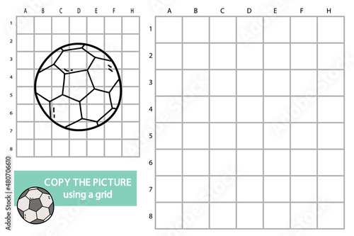 Vector illustration of grid copy picture educational puzzle game with doodle football ball