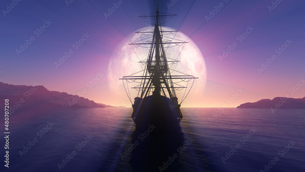 Fototapeta premium old ship in sea full moon illustration