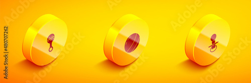 Set Isometric Rattle baby toy, Beach ball and Baby dummy pacifier icon. Vector