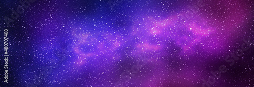 Night starry sky and bright purple blue galaxy, horizontal background banner