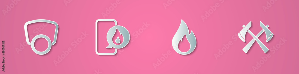 Set paper cut Gas mask, Phone with emergency call 911, Fire flame and Firefighter axe icon. Paper art style. Vector Set paper cut Gas mask, Phone with emergency call 911, Fire flame and Firefighter axe icon. Paper art style. Vector
