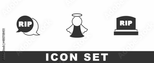 Set Speech bubble rip death, Angel and Tombstone with RIP written icon. Vector