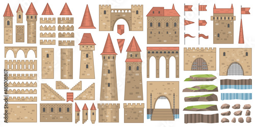 Set of historical fairy-tale house bastion constructor isolated on white background.Castle constructor, fortress and medieval palace fort with towers, vector isolated elements. 
