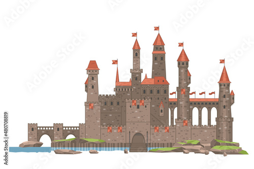 Fairy-tale castle on white background. Vector illustration. Medieval fortress. 