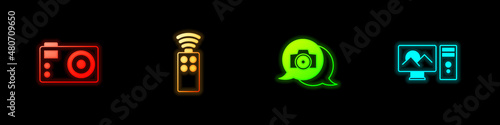 Set Photo camera, Remote control for, and retouching icon. Vector