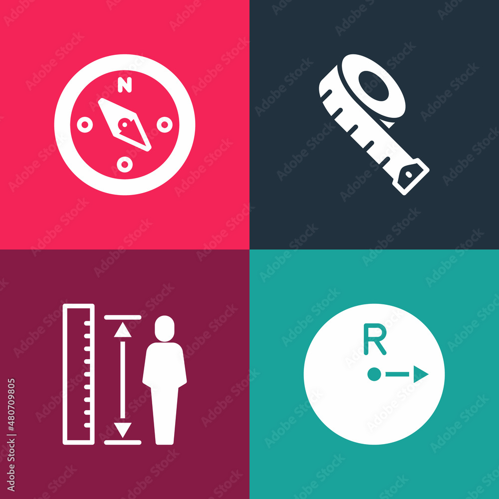 Set pop art Radius, Measuring height body, tape and Compass icon. Vector Set pop art Radius, Measuring height body, tape and Compass icon. Vector
